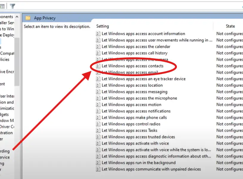 Opción Permitir que las aplicaciones de Windows accedan a los contactos