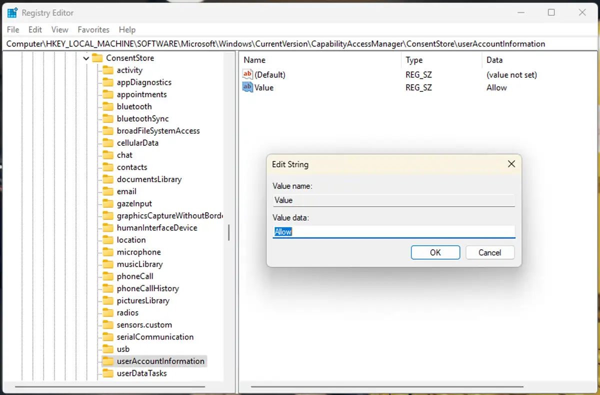 Cuadro de diálogo del Editor del Registro de Windows