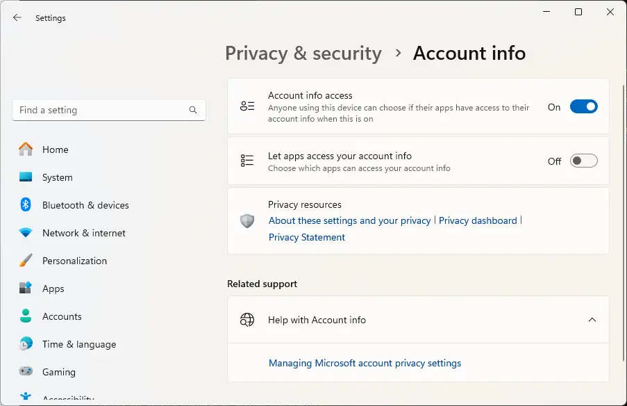 Cuadro de diálogo Privacidad y seguridad en Windows