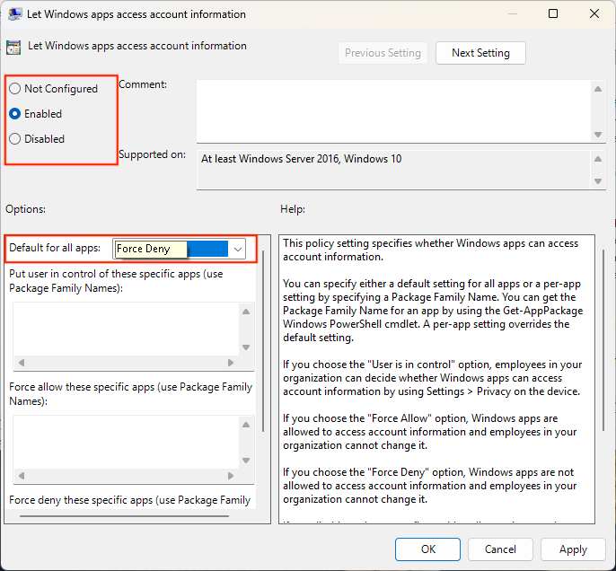 Cuadro de diálogo Let Windows apps access account information