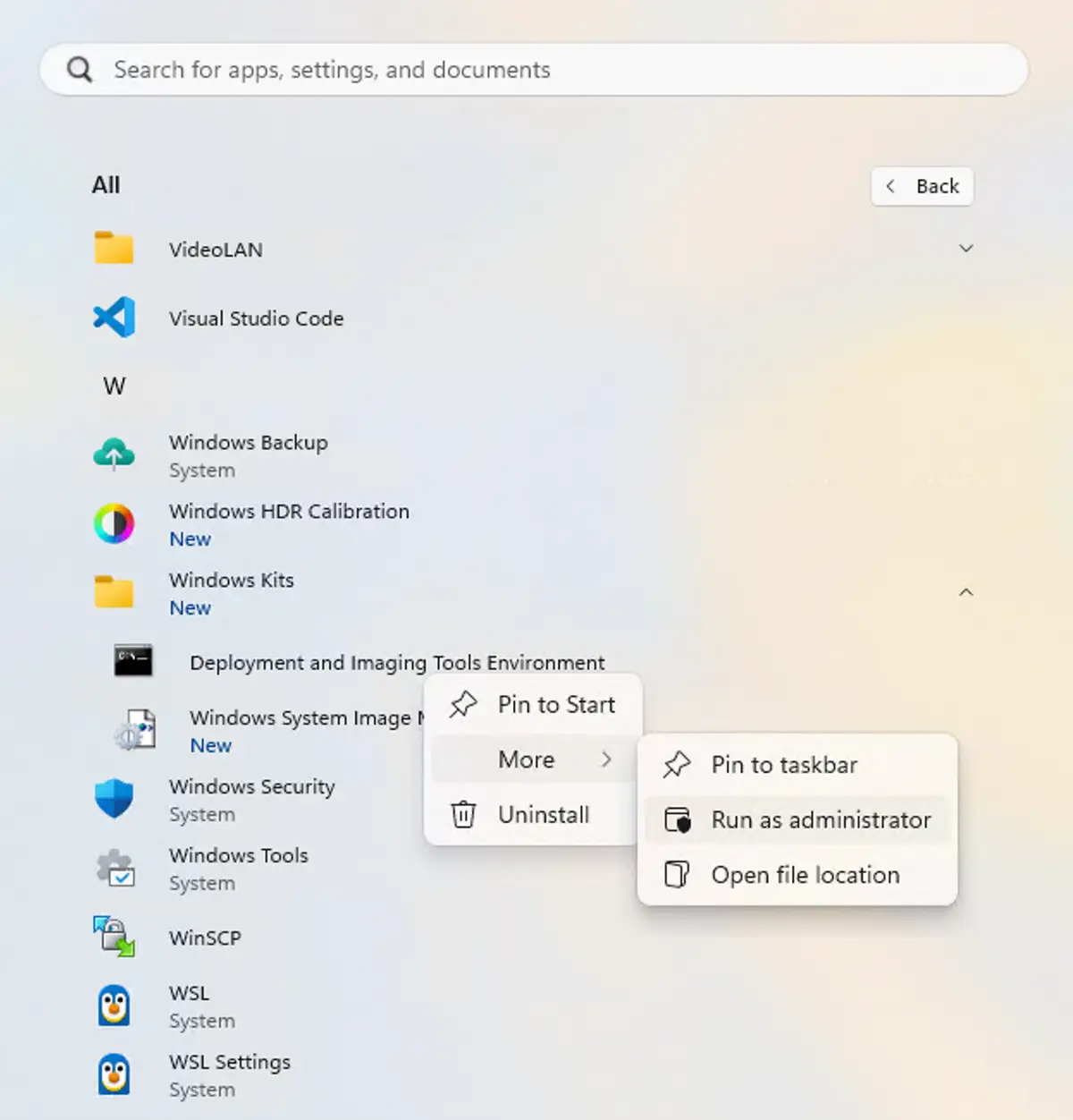 Deployment and imaging tools environment start menu