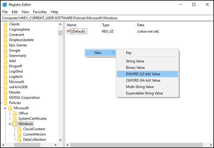 Ventana del Editor del Registro para desactivar el símbolo del sistema