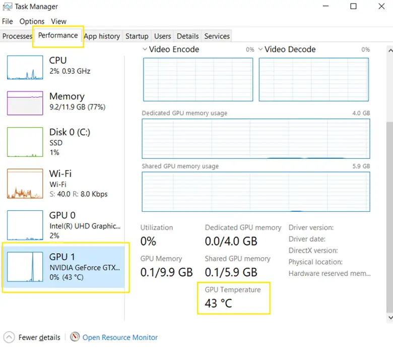 Task Manager window and Click Performance Tab to see GPU Temp