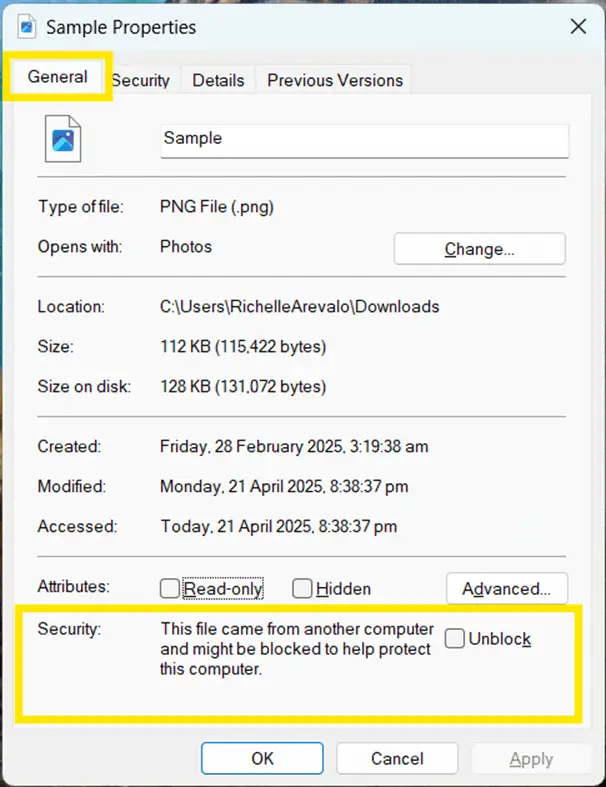 Select the blocked application and press Alt + Enter to open its Properties. Then Under the General tab, look for the Security section near the bottom.