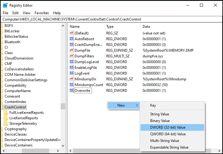 Abre RegEdit (Win + R → regedit), ve a CrashControl y crea el DWORD AlwaysKeepMemoryDump con valor 1