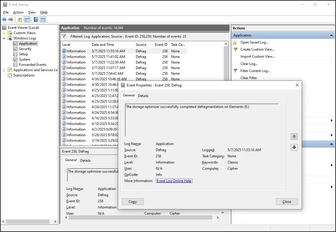 Visor de eventos: filtrar los id. 258,259 en Aplicación, dentro de Registros de Windows.