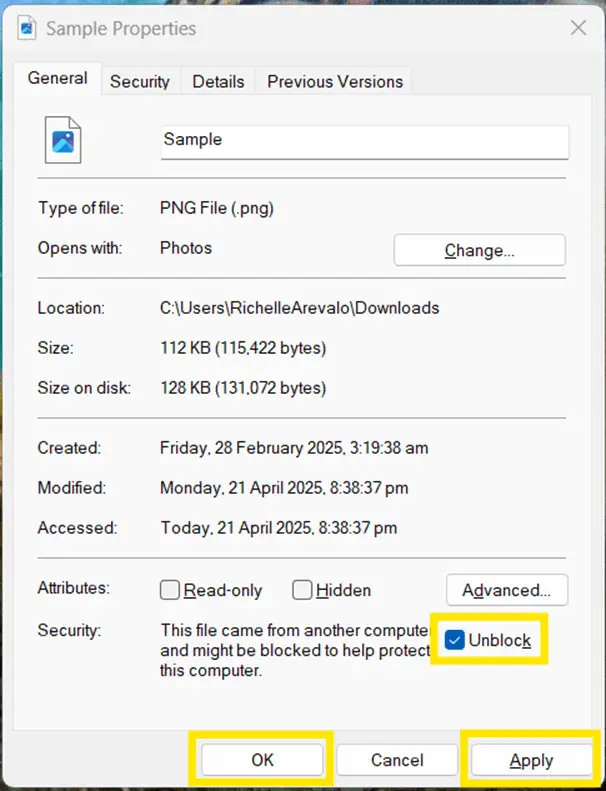 Properties window. > Tick the Unblock checkbox, then tap Apply > OK.