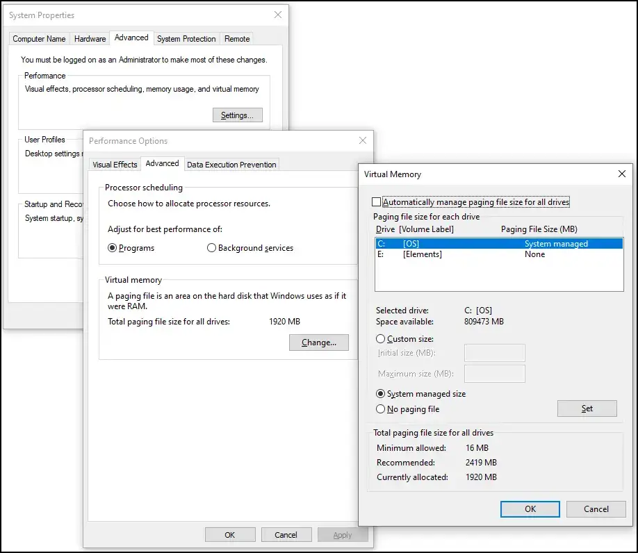 Memoria virtual en Propiedades del sistema: elegir Sin archivo de paginación y Aceptar.