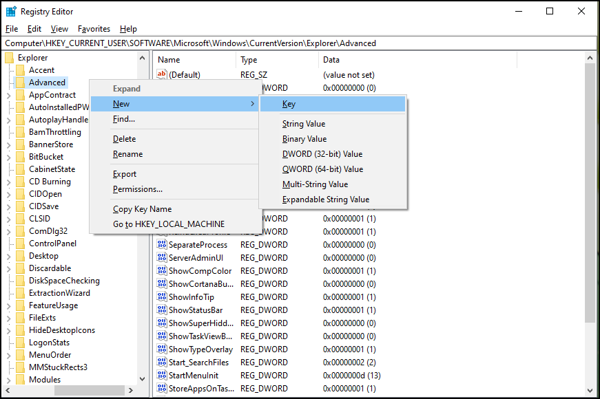 Registry Editor Window, Go to HKEY_CURRENT_USER\Software\Microsoft\Windows\CurrentVersion\Explorer\Advanced > Find DisablePreviewDesktop, create DWORD(32-bit) > Set Value data to 1