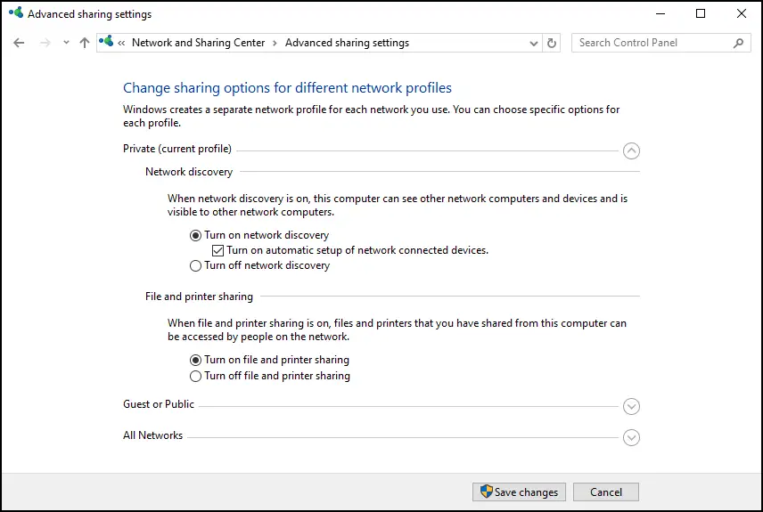 Configuración de uso compartido avanzado: activar la detección de redes en el perfil privado