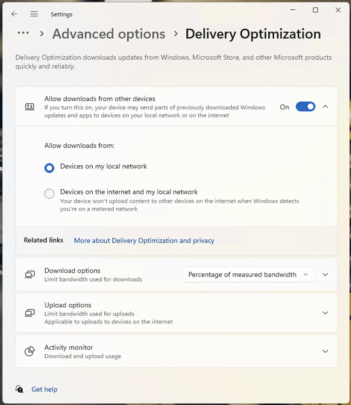 Cuadro de diálogo de optimización de entrega