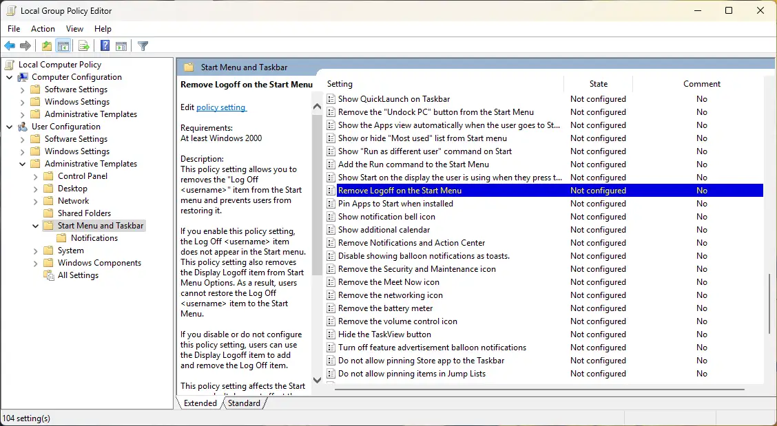 Start menu and taskbar dialog box