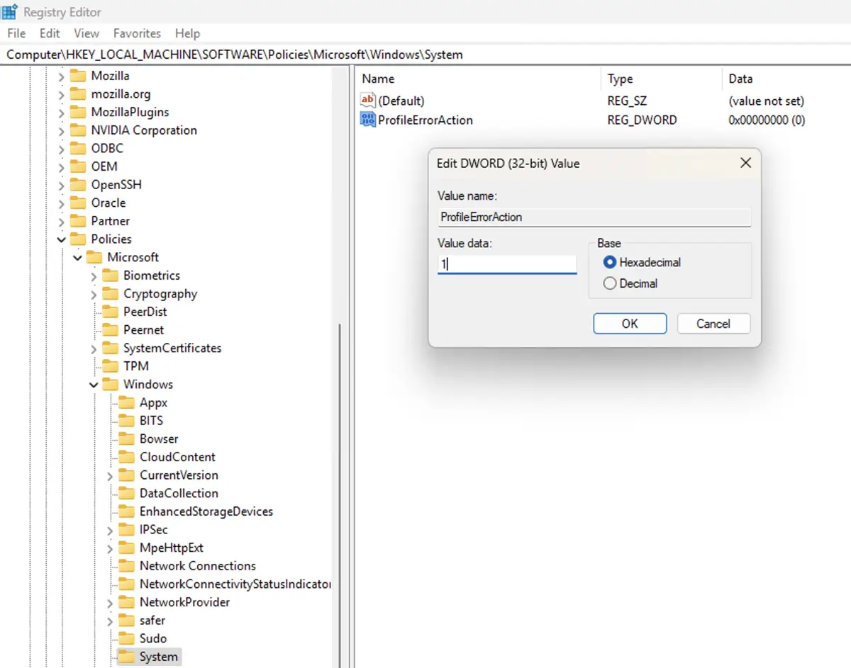 Cuadro de diálogo del Editor del Registro