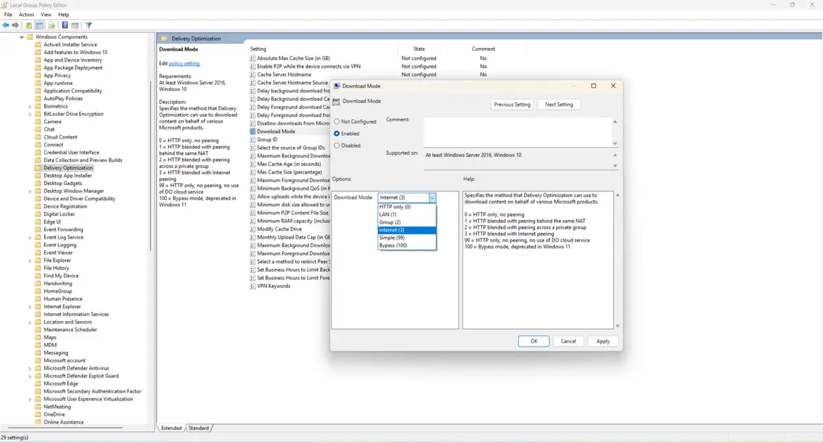 Cuadro de diálogo del modo de descarga