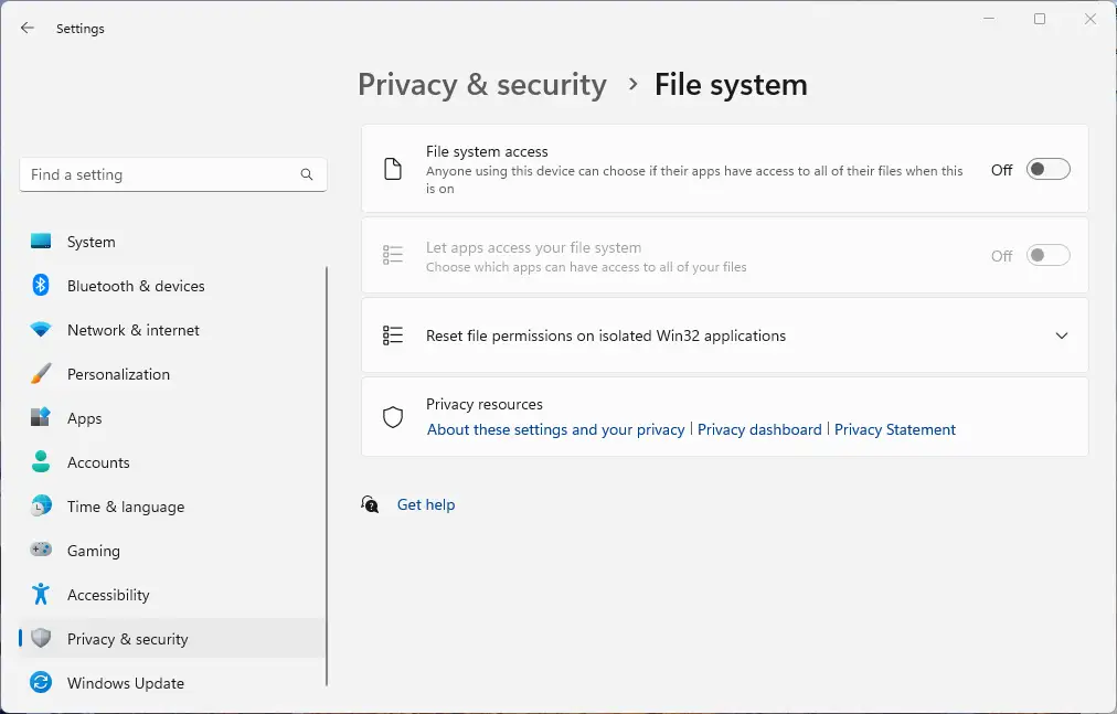 File system access dialog box