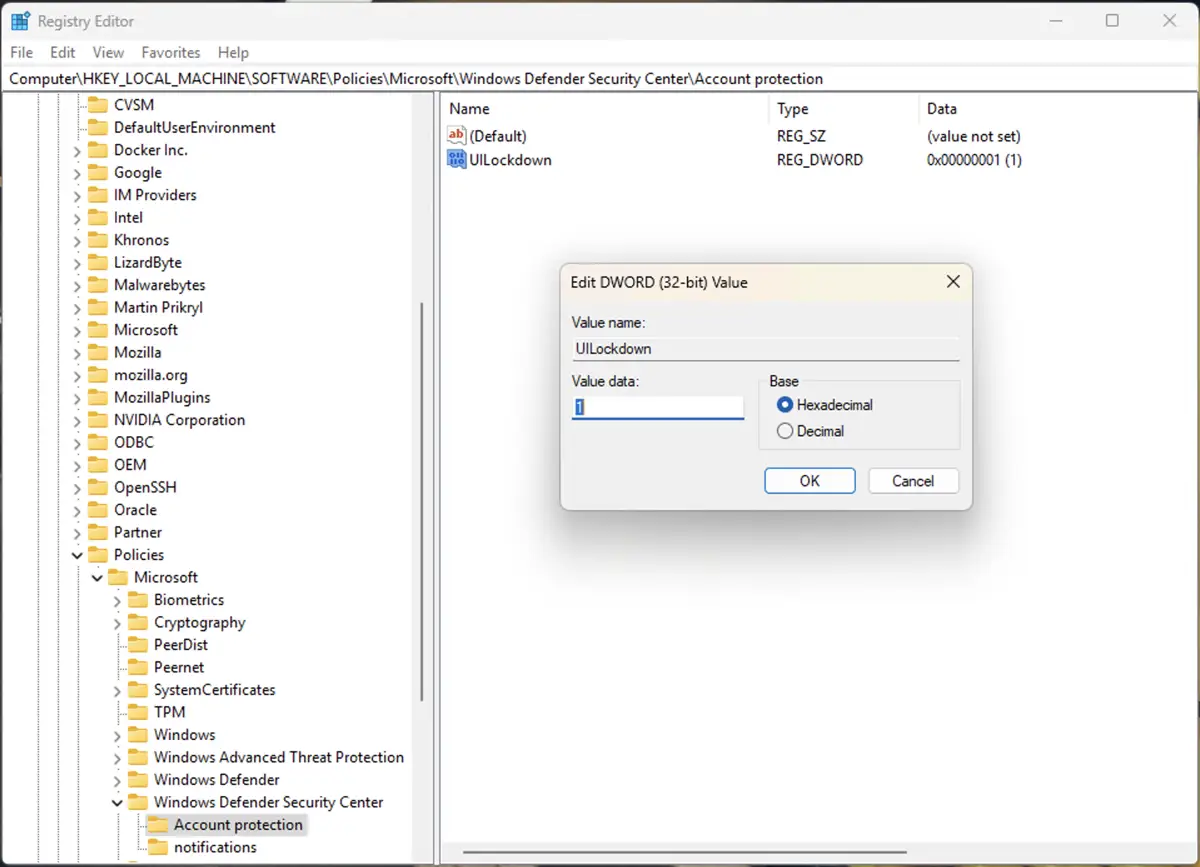 Cuadro de diálogo Editar valor DWORD (32 bits)