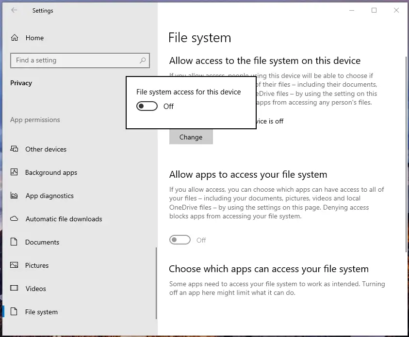 File system access for this device option turned off