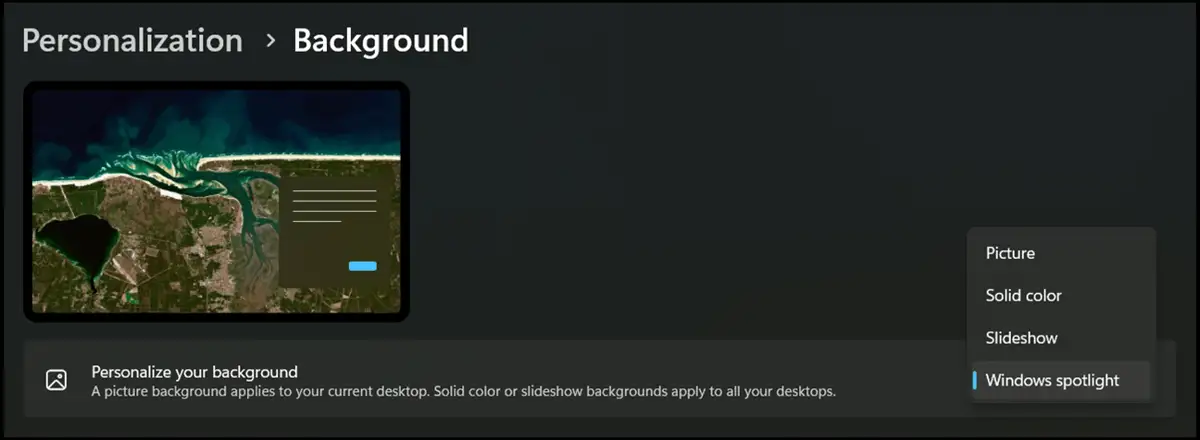 Método gráfico: Fondo en Personalización de Windows 11