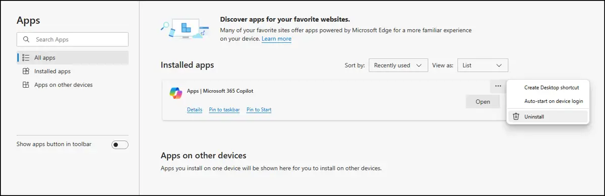 All Installed Apps showing Copilot
