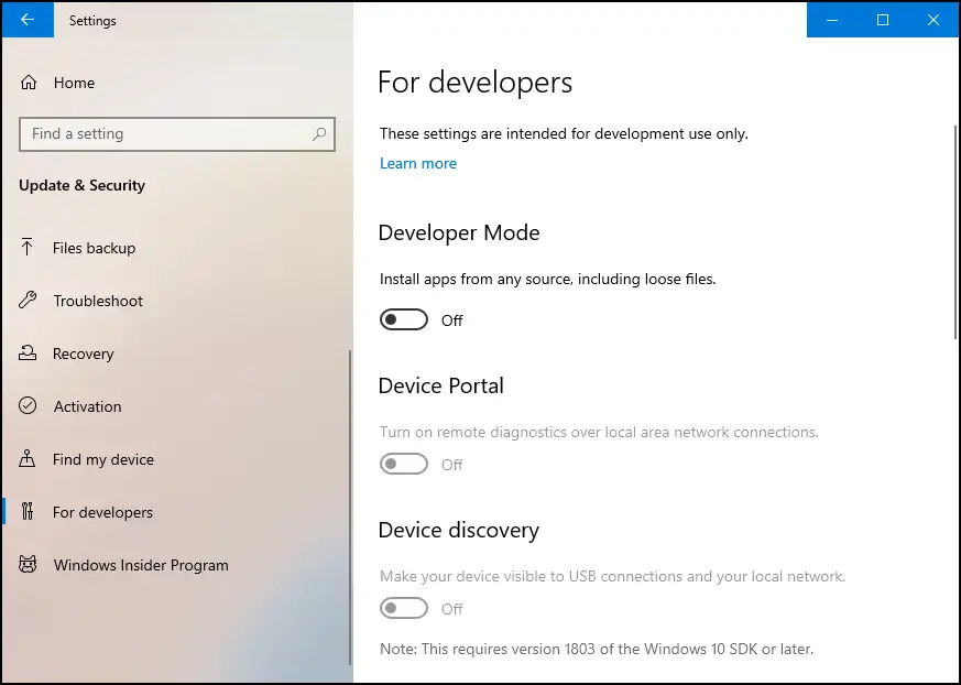 Configuración → Actualización y seguridad → Para desarrolladores: desactiva el modo de desarrollador