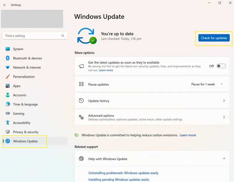 Configuración: buscar actualizaciones en Windows Update