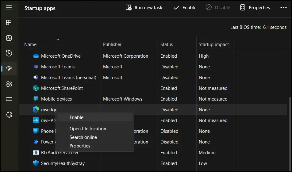Task Manager go to startup tab