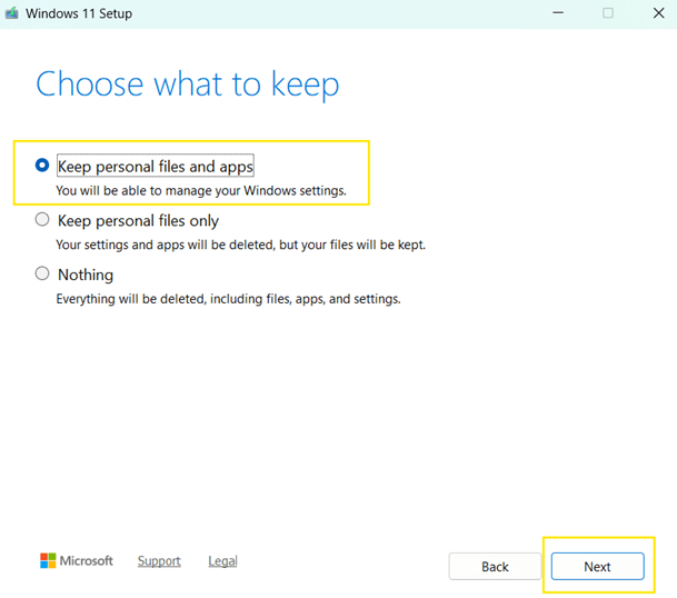 Instalador de Windows 11: Cambiar qué conservar y conservar archivos y aplicaciones