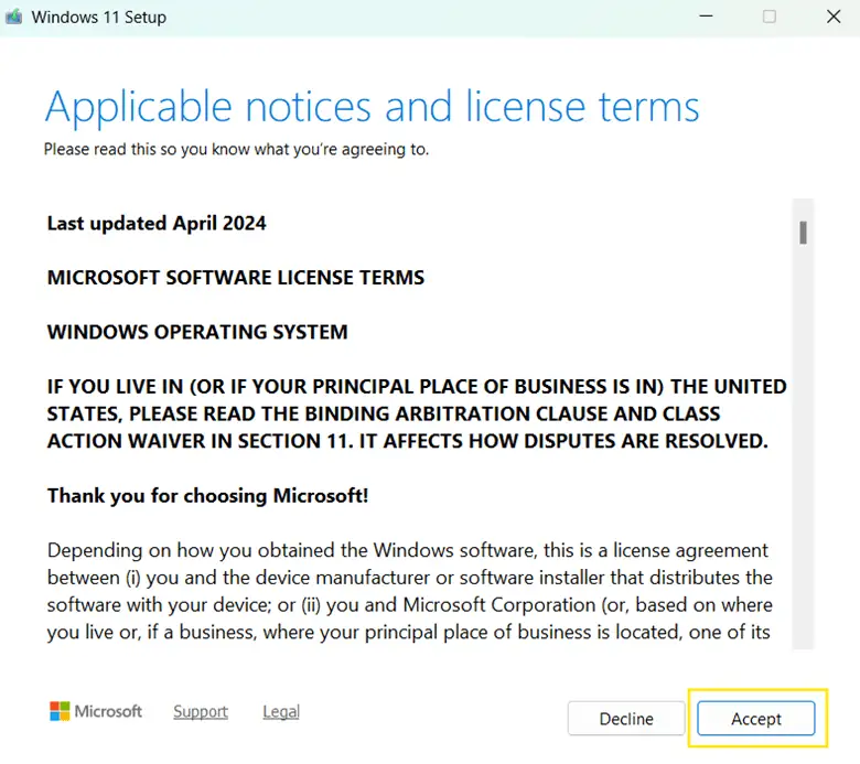 Términos de licencia del instalador de Windows 11: haz clic en Aceptar