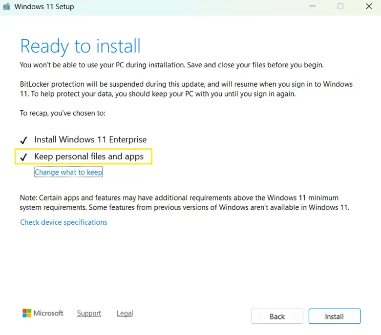 Instalador de Windows 11: marca Conservar archivos personales y aplicaciones