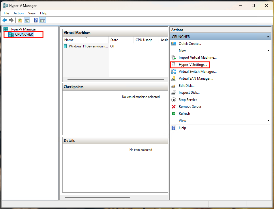 Configuracion de Hyper-V en el panel de acciones