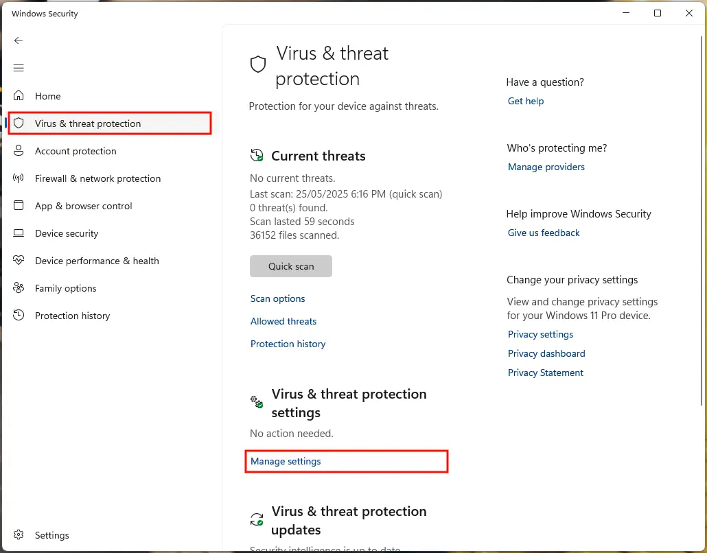 Ventana de protección antivirus y contra amenazas