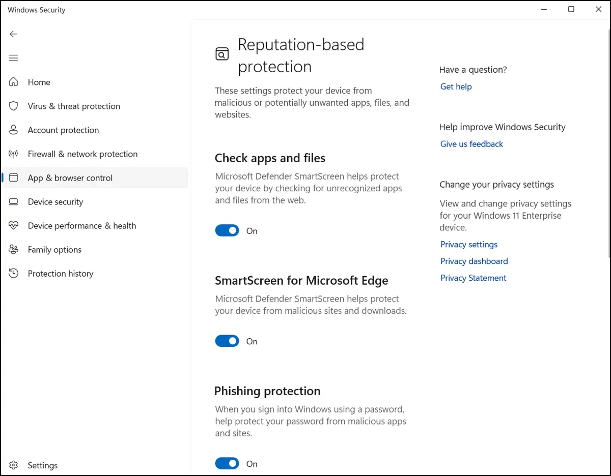 Seguridad de Windows, control de aplicaciones y navegador con SmartScreen