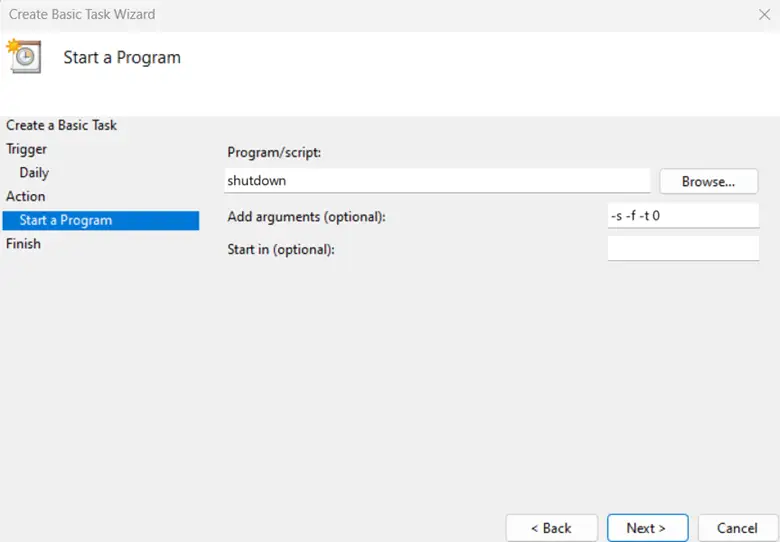 Ventana Crear tarea básica: en Iniciar un programa, escribe shutdown