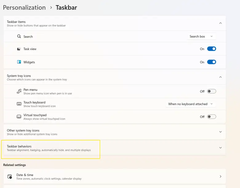 Option de comportement de la barre des tâches dans les paramètres de personnalisation