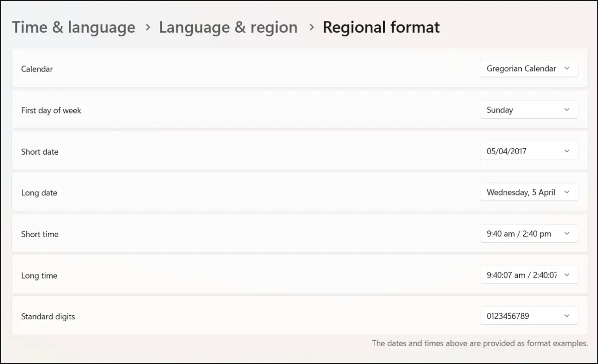 Ajustes de formato regional en Hora e idioma e Idioma y región