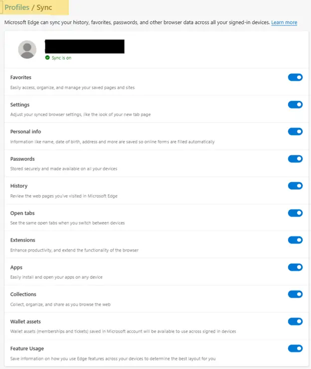 Sincronización en Administrar configuración del perfil de Microsoft Edge