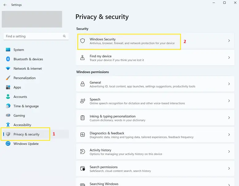 Windows Security under Privacy & Security Settings