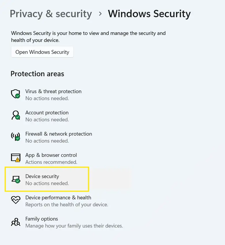 Device Security under Windows Security Settings