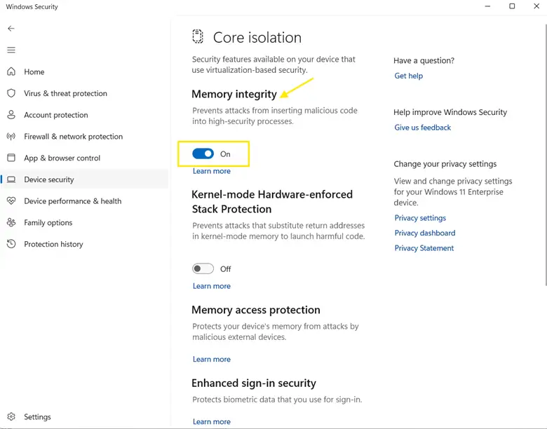 Memory integrity under Core isolation option