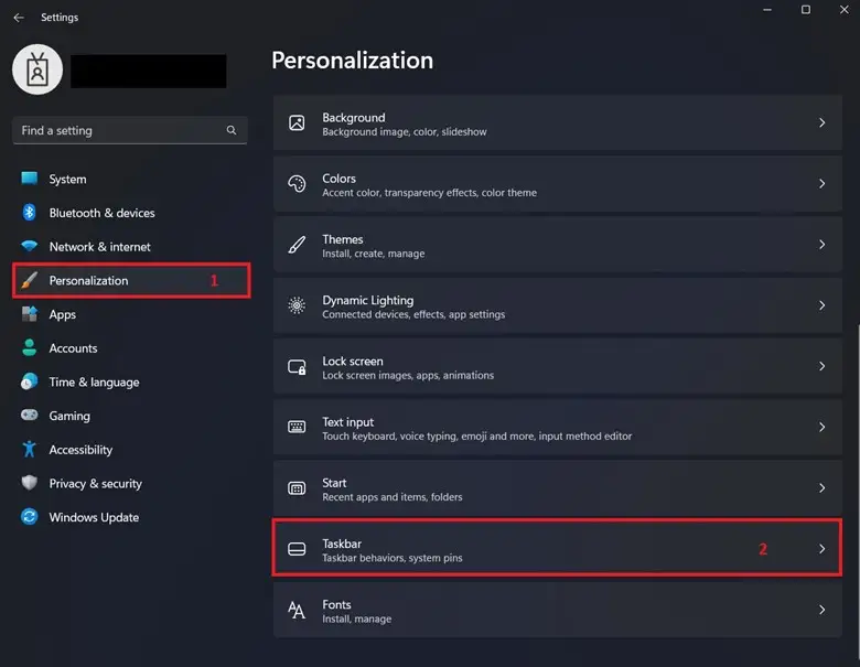 Configuración de la barra de tareas en Personalización