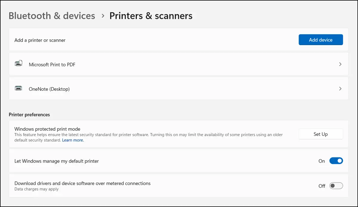 Printers & scanners under Bluetooth & devices settings