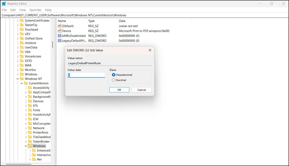 LegacyDefaultPrinterMode DWORD Value