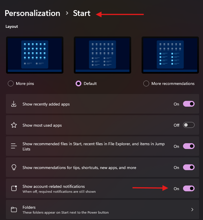 Configuración de Personalización: activar o desactivar las notificaciones de la cuenta