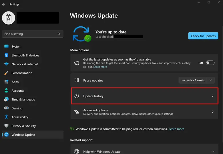 After pausing updates, click&nbsp;Update history