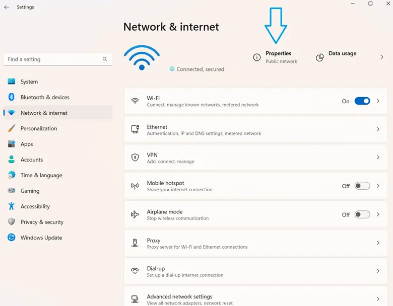 Eigenschaften der Einstellungen für Netzwerk & Internet