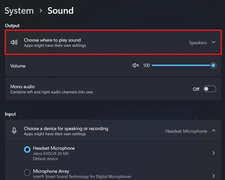 Option Auswählen, wo der Sound wiedergegeben werden soll