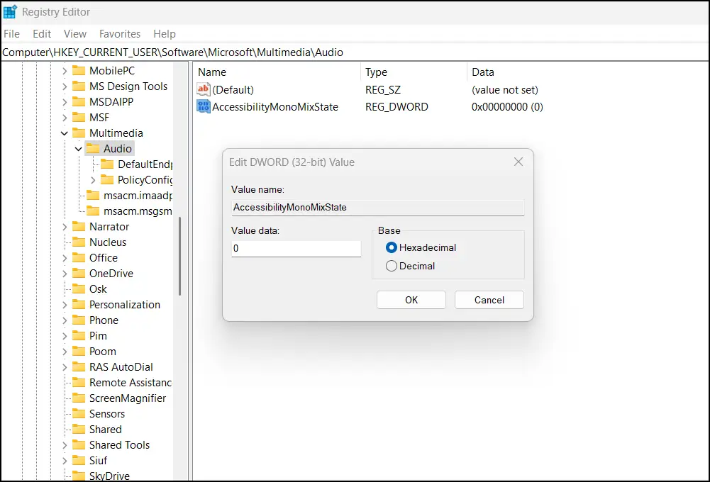 Clave y ruta de audio en el Editor del Registro