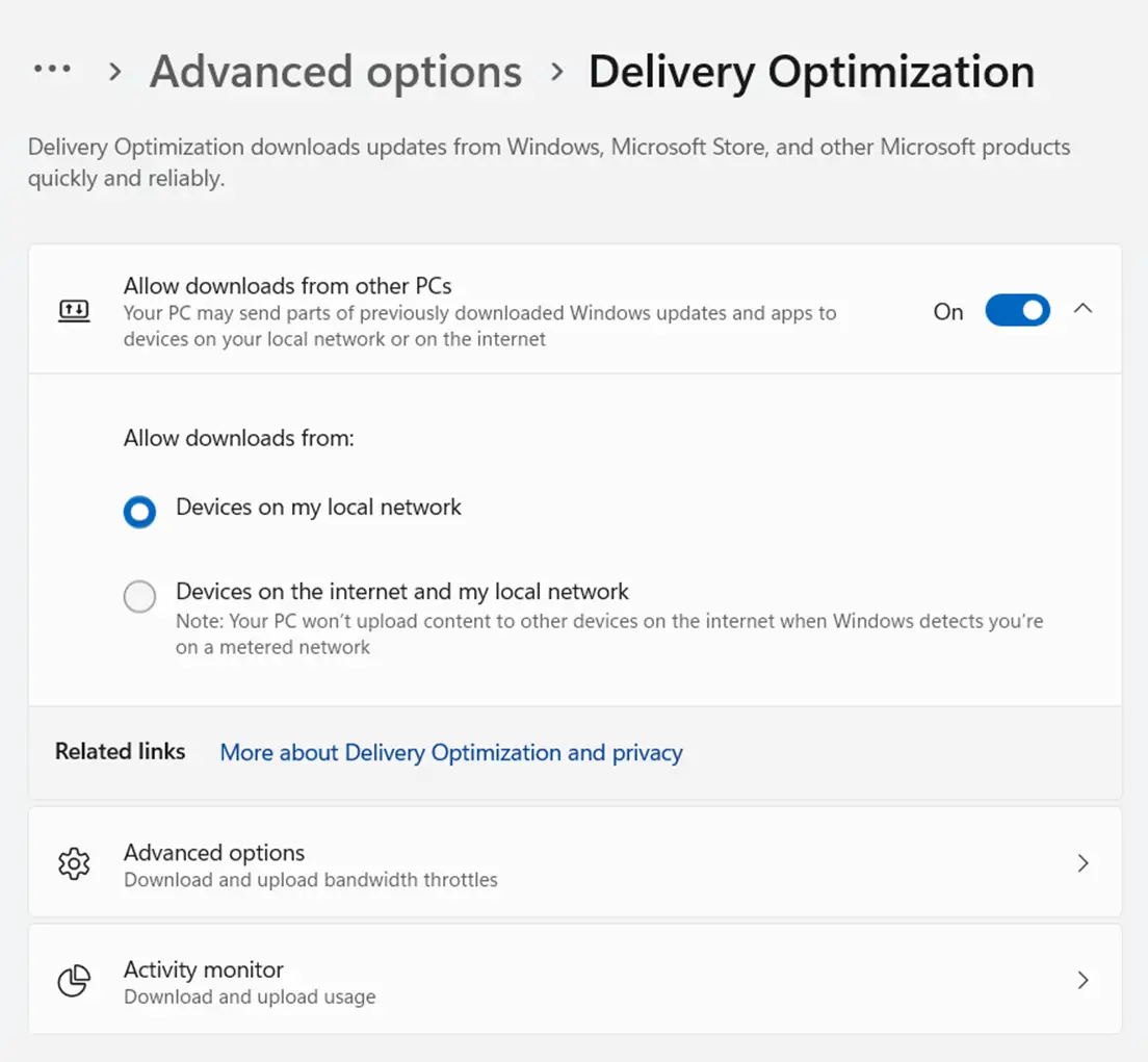 Configurar la Optimización de distribución de Windows Update desde Configuración