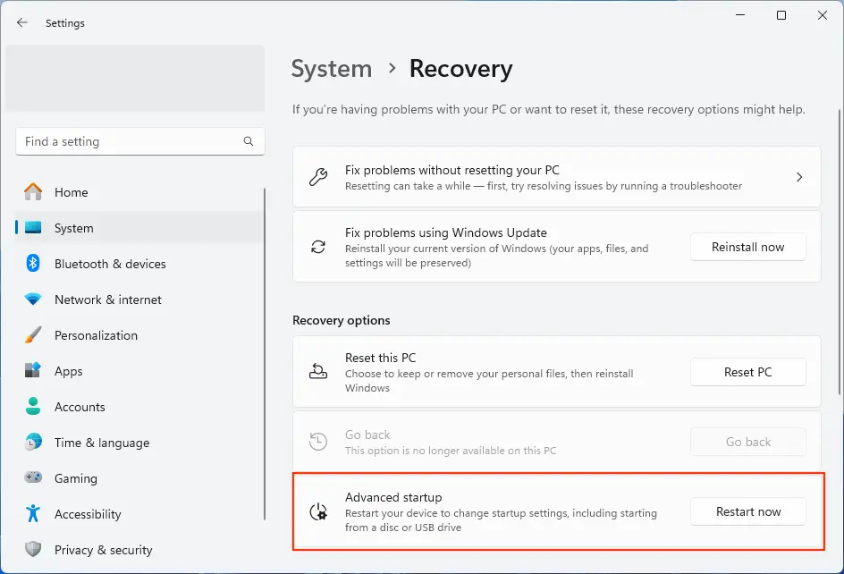 Restart now option