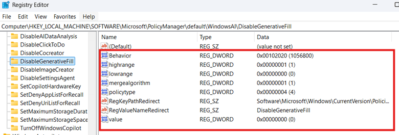 Valores DWORD (32 bits) de DisableGenerativeFill